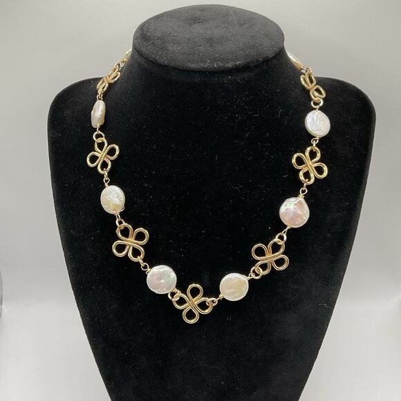 Designer Coin Pearls Necklace Gold Plated Knot Design 16 In Choker Signed - Picture 3 of 7